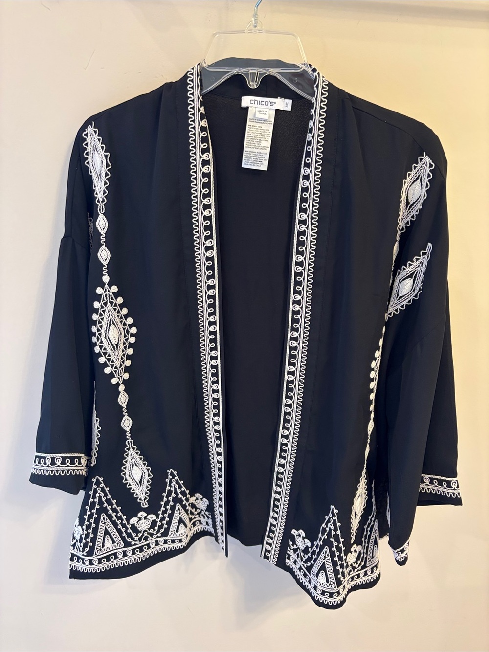 Chico's Black Open-Front Kimono/Jacket with White Embroidery